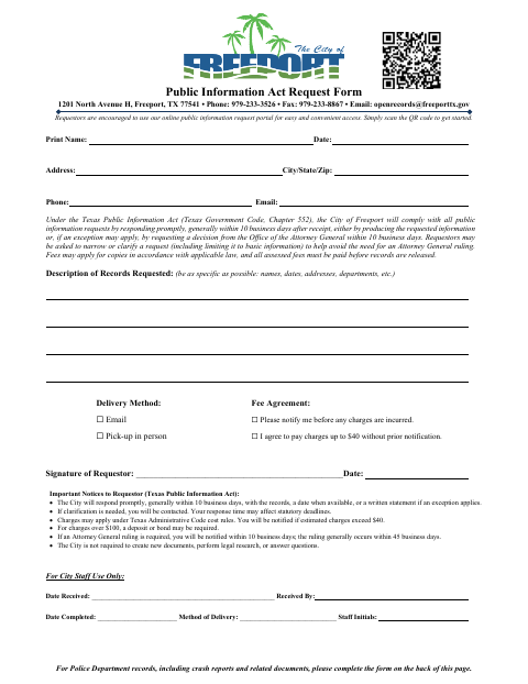 First page of the Public Information Act Request Form