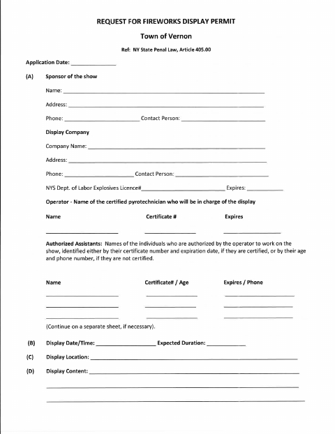 First page of the Fireworks Display Permit Application