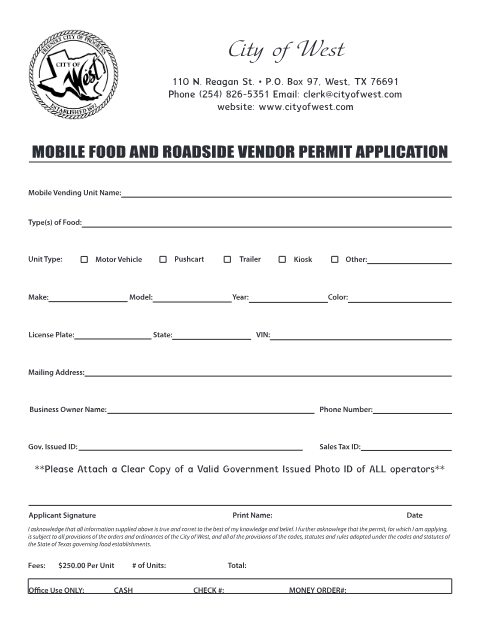 First page of the Mobile Food and Roadside Vendor Permit Application
