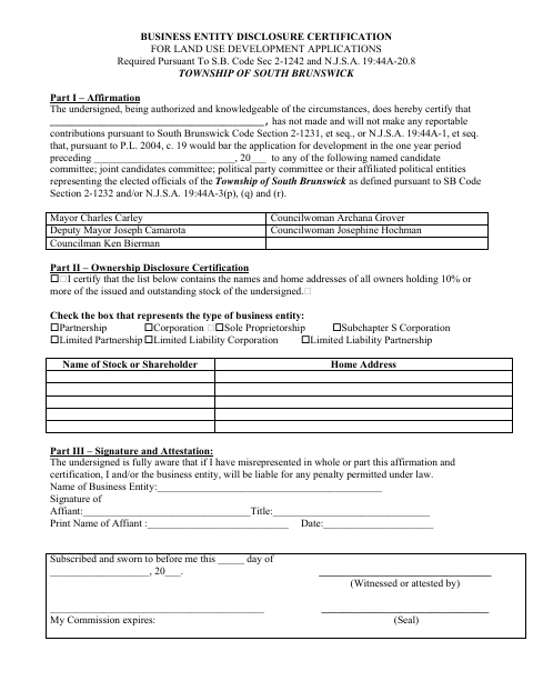 First page of the Business Entity Disclosure Certification for Land Use Development Applications