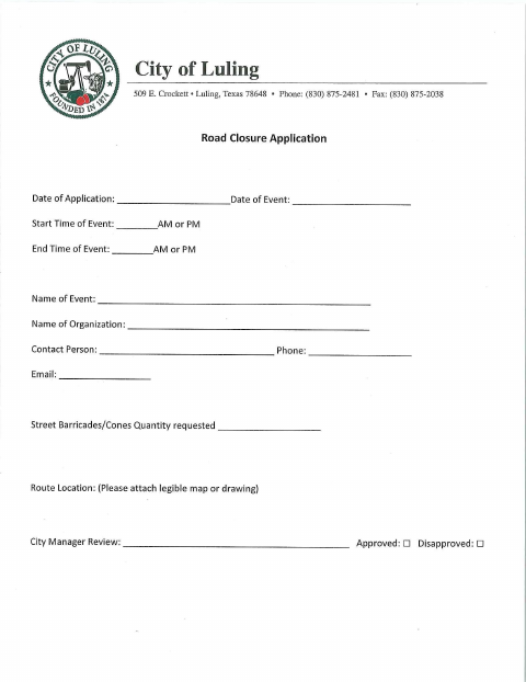 First page of the Road Closure Application