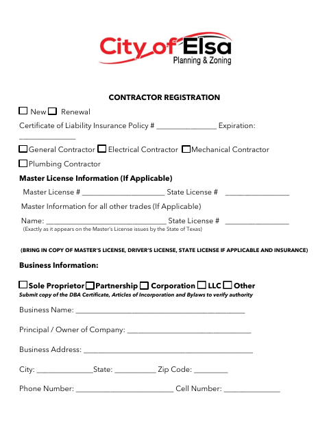 First page of the Contractor Registration