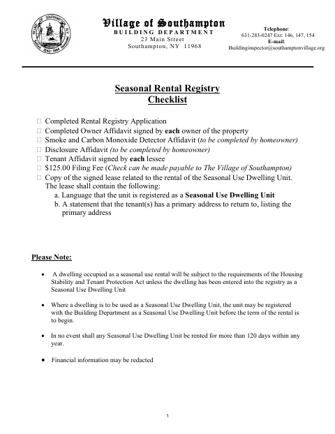 First page of the Seasonal Rental Registry Application