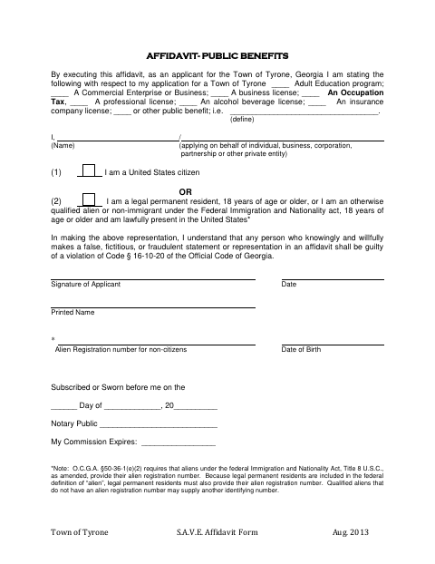 First page of the S.A.V.E. Affidavit for Public Benefits