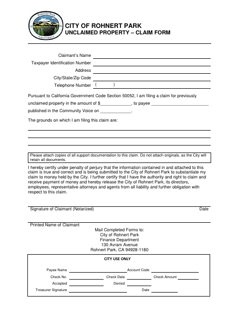 First page of the Unclaimed Property Claim Form