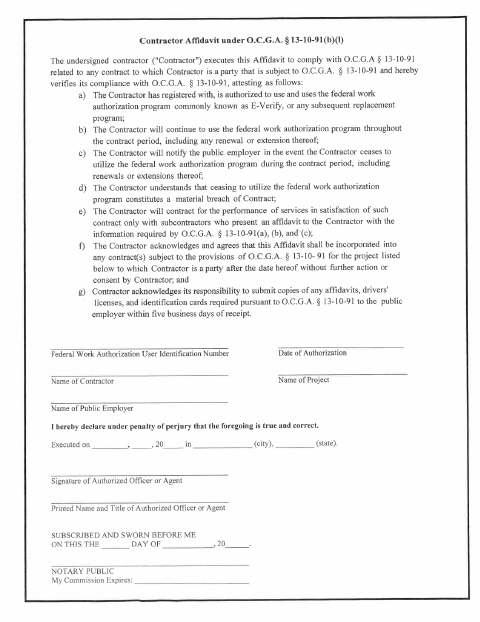 First page of the Contractor Affidavit