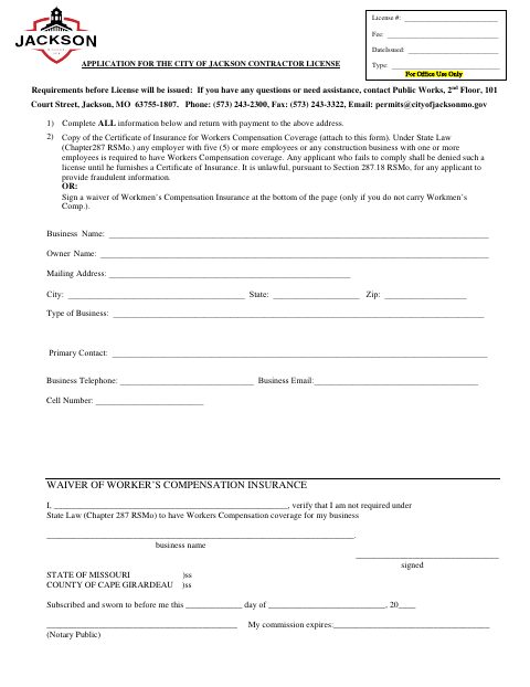 First page of the Contractor License Application and Workers’ Compensation Exemption Affidavit