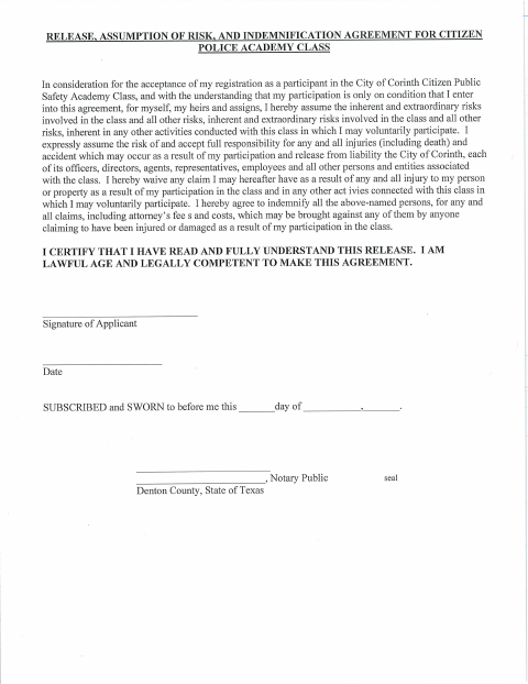 First page of the Release, Assumption of Risk, and Indemnification Agreement