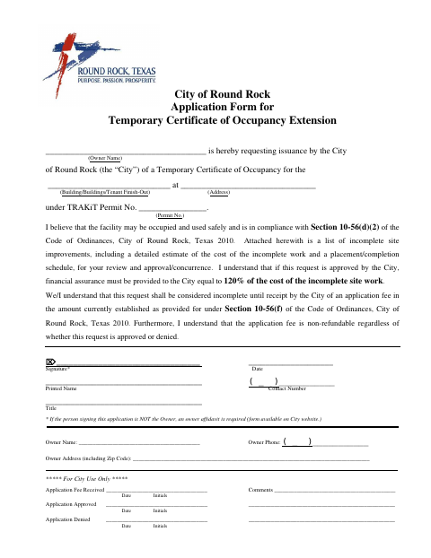 First page of the Temporary Certificate of Occupancy Extension Application