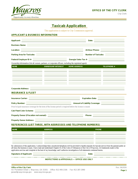 First page of the Taxicab Application