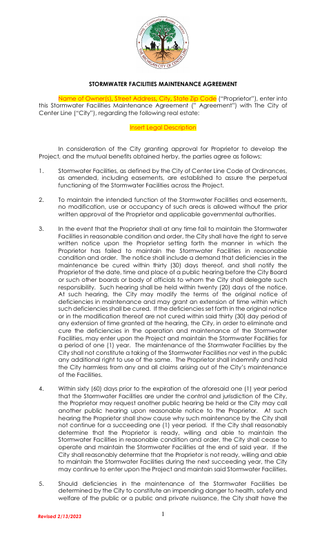 First page of the Stormwater Facilities Maintenance Agreement