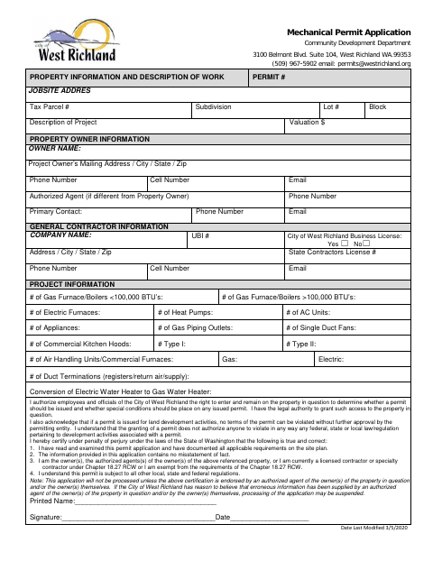 First page of the Mechanical Permit Application