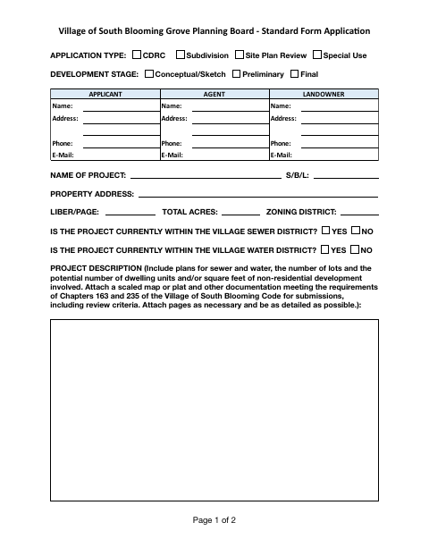 First page of the Planning Board Application
