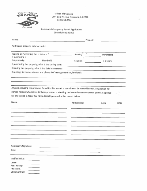 First page of the Residential Occupancy Permit Application
