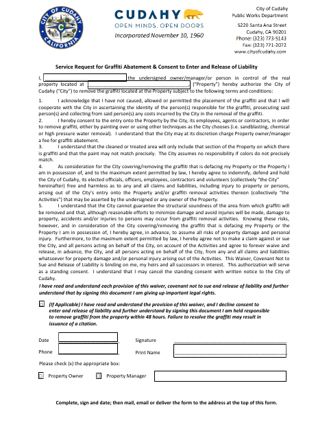 First page of the Service Request for Graffiti Abatement and Consent to Enter