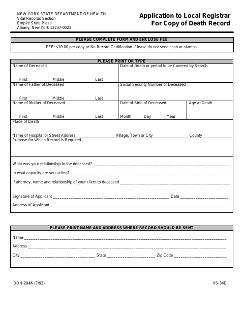 First page of the Application to Local Registrar for Copy of Death Record