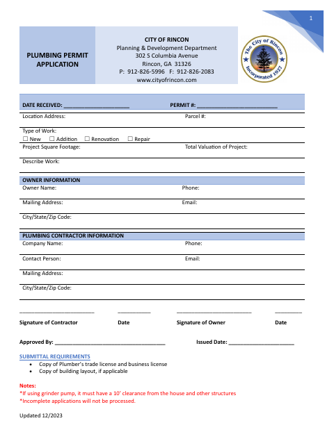 First page of the Plumbing Permit Application