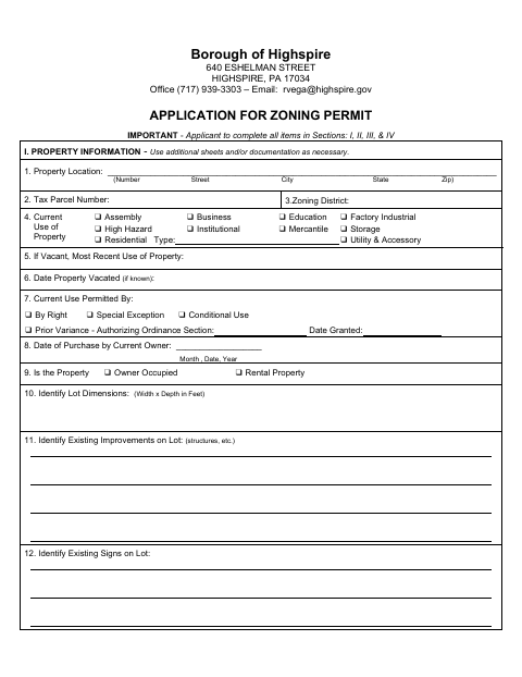 First page of the Application for Zoning Permit