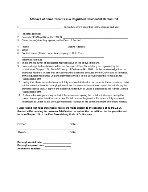 First page of the Affidavit of Same Tenants in a Regulated Residential Rental Unit