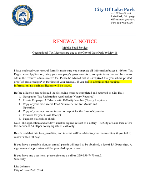 First page of the Mobile Food Service Occupational Tax Renewal Packet