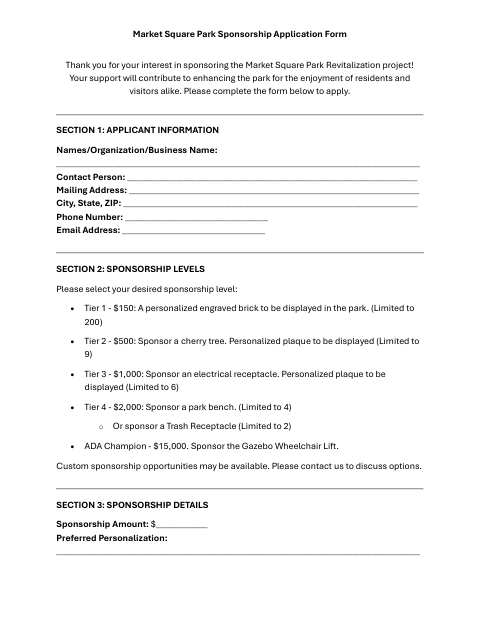 First page of the Market Square Park Sponsorship Application Form