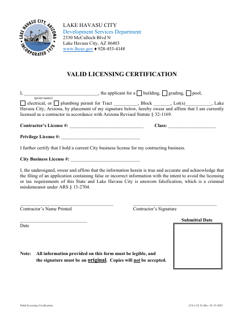 First page of the Valid Licensing Certification
