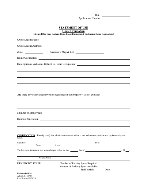 First page of the Statement of Use – Home Occupation