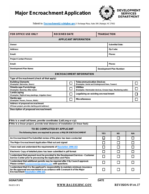 First page of the Major Encroachment Application