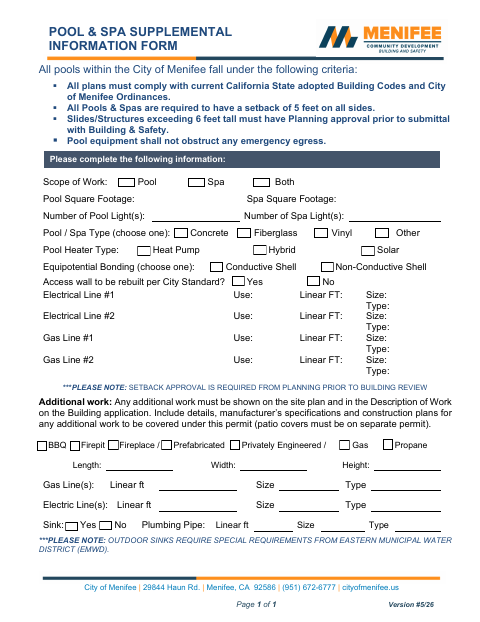 First page of the Pool & Spa Supplemental Information Form