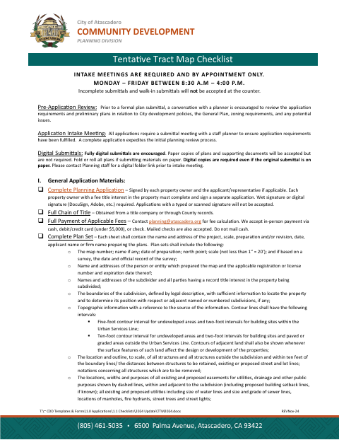 First page of the Tentative Tract Map Checklist