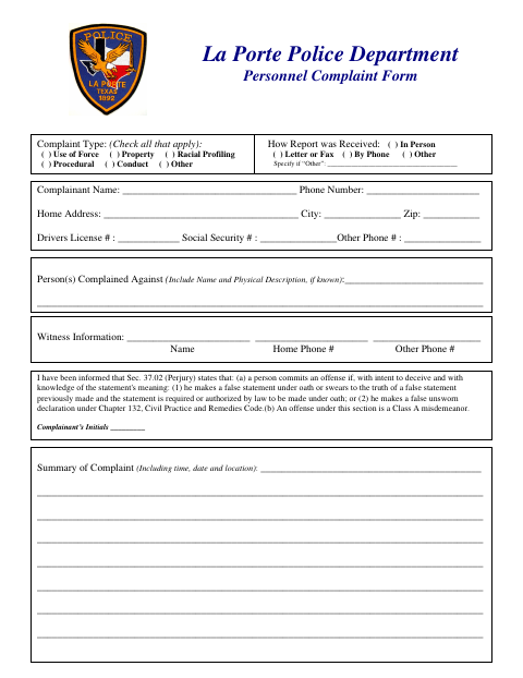 First page of the Personnel Complaint Form
