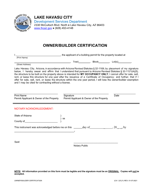First page of the Owner-Builder Certification