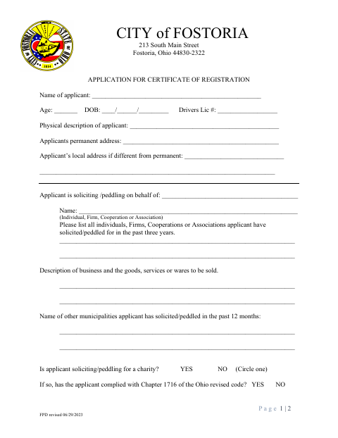 First page of the Application for Certificate of Registration (Solicitor/Peddler Permit)