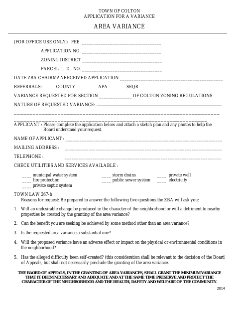 First page of the Area Variance Application