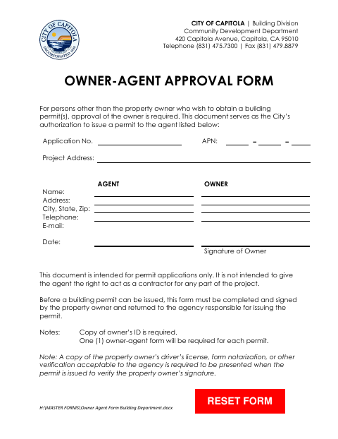 First page of the Owner-Agent Approval Form