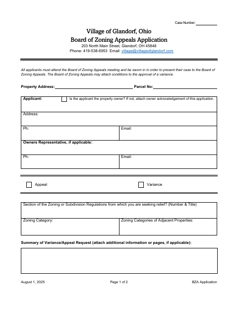 First page of the Board of Zoning Appeals Application