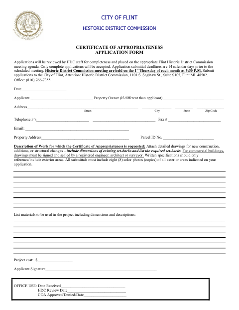 First page of the Certificate of Appropriateness Application