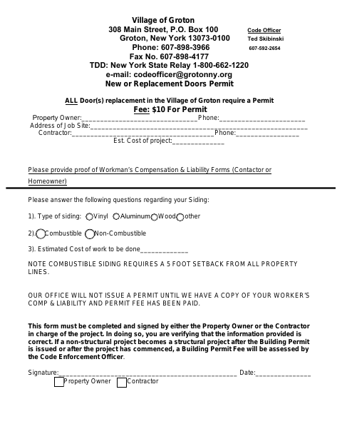 First page of the New or Replacement Doors Permit