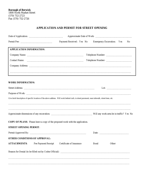 First page of the Application and Permit for Street Opening