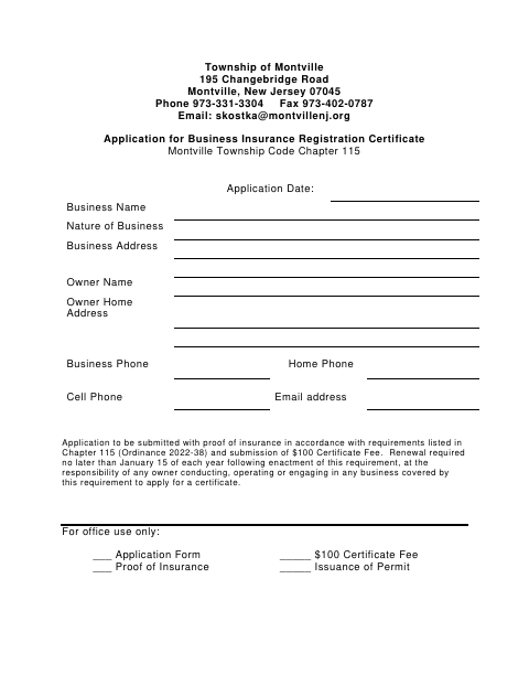 First page of the Business Insurance Registration Certificate Application