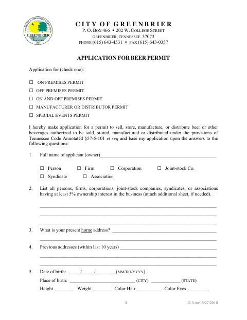 First page of the Application for Beer Permit