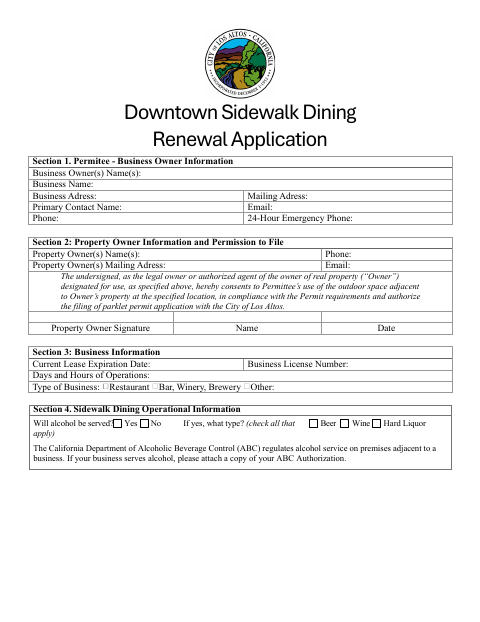 First page of the Downtown Sidewalk Dining Renewal Application