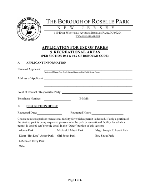 First page of the Application for Use of Parks & Recreational Areas