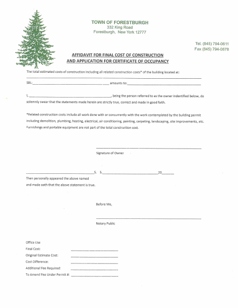First page of the Affidavit for Final Cost of Construction and Application for Certificate of Occupancy