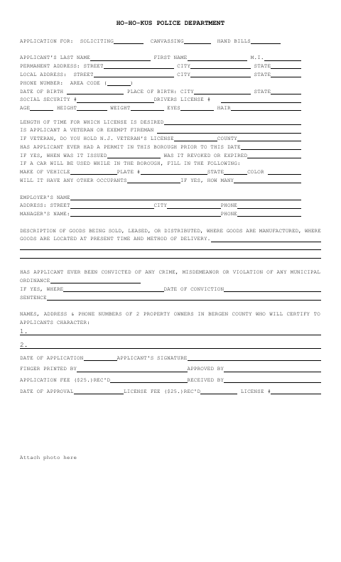 First page of the Application for Soliciting, Canvassing, or Hand Bills