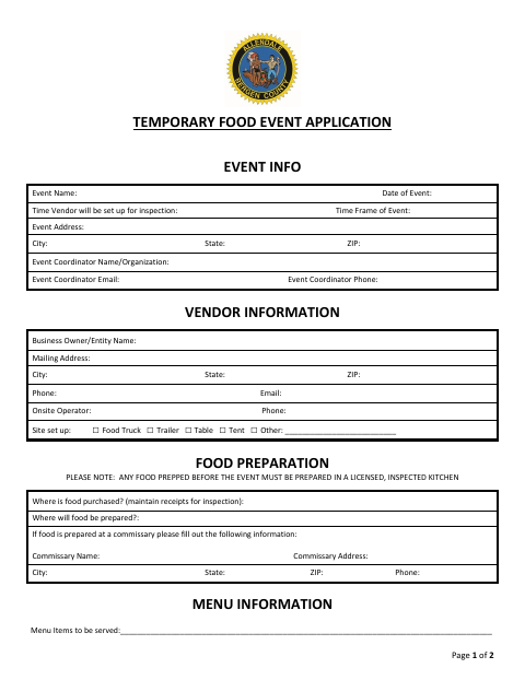 First page of the Temporary Food Event Application