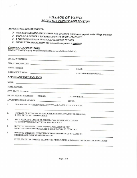First page of the Solicitor Permit Application