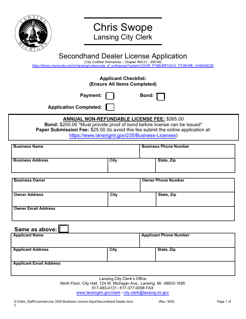 First page of the Secondhand Dealer License Application