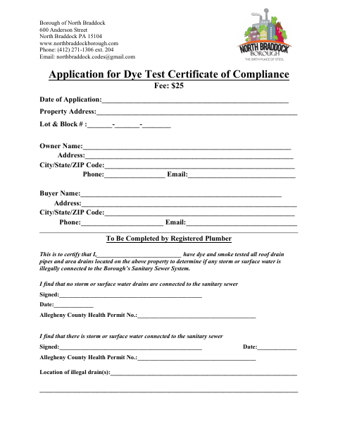 First page of the Application for Dye Test Certificate of Compliance