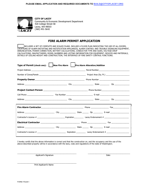 First page of the Fire Alarm Permit Application
